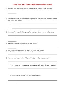 Preview of Florence Nightingale and Mary Seacole Quiz differentiated answer sheets