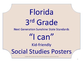Preview of Florida 3rd Third Grade SS Social Studies NGSSS Standards Posters No Border