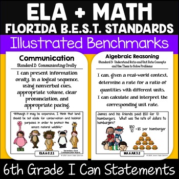 Preview of Florida BEST Standards ELA+MATH Posters (Benchmarks) 6th Grade I Can Statements