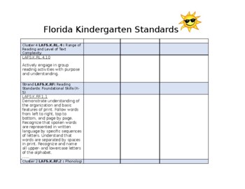 Florida Kindergarten Standards Checks List by Seriously Successful Students