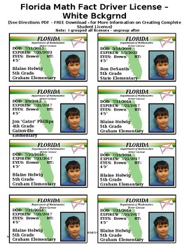 Preview of FLORIDA Math Driver's License- V2 - Math Fact Incentive Pgm - White Bckgd.  FREE