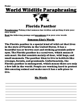Florida Panther Paraphrasing Worksheet by BEST Educational Consulting