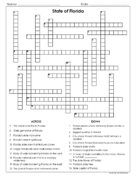Florida Research Skills Crossword Puzzle U S States Geography