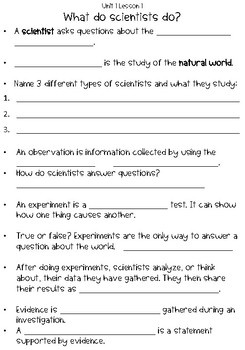 Florida Science | Unit 1 Lesson 1 | Fill-in-the-Blank Notes | TPT