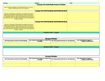 Preview of Florida Standards/Marzano Interactive Lesson Plan Template- K LAFS w/ Social St.