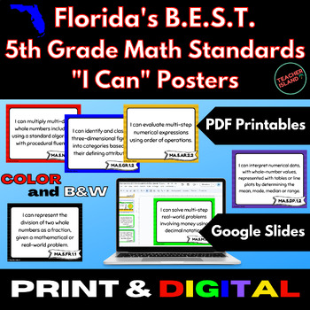Preview of Florida's B.E.S.T. 5th Grade Math Standards "I Can" Posters | Print & Digital