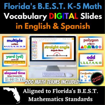 Preview of Florida's B.E.S.T. K-5 Math Vocabulary Digital Slides in English & Spanish