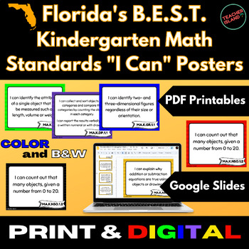 Preview of Florida's B.E.S.T. Kindergarten Math Standards "I Can" Posters | Print & Digital
