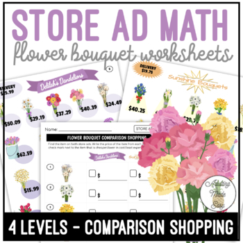 Preview of Flower Bouquet Store Ad Math Comparison Shopping Worksheets