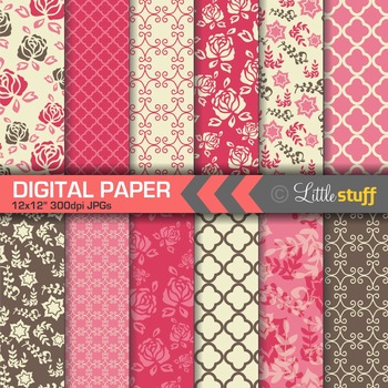 chevron 300 ppi floral lattice 12 printable papers flowers strawberry pattern 12x12 inches Berry Pink Digital Papers backgrounds