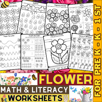 Preview of Flower Math and Literacy Worksheets | Parts of a Plant Flower | Spring Flowers