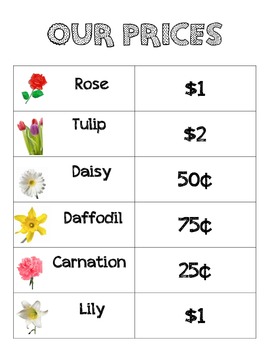 Flower Shop prices for dramatic play by gewitkow | TpT