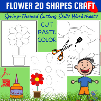 Preview of Flower-Themed 2D Shapes Craft Cutting Skills Worksheets,Spring Activities B&W