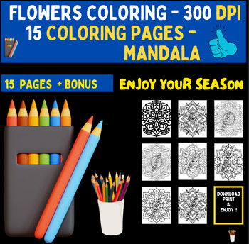 Preview of Flowers Coloring Pages - 20 MANDALAS chalenges - 300 DPI - A4 + BONUS