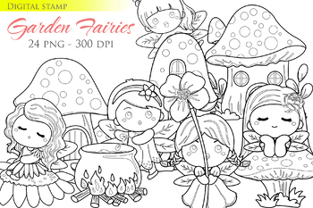 Preview of Flowers Garden Fairies Mushrooms Clipart - Black White Outline - Digital Stamp