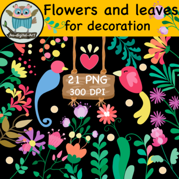 Preview of Flowers and leaves, colorful (clip art) for decoration