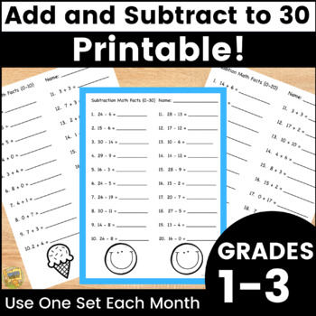 Preview of Math Fact Fluency - Add and Subtract within 30 -  Addition and Subtraction to 30