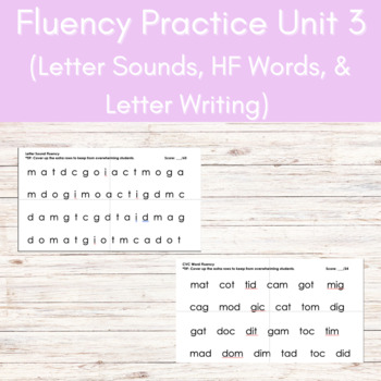 Preview of Fluency Practice: letter sounds, CVC, HFW, and handwriting (letters matdcgoi)