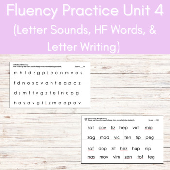 Preview of Fluency Practice: letter sounds, CVC, HFW, and handwriting (matdcgoinhsfvzpe)