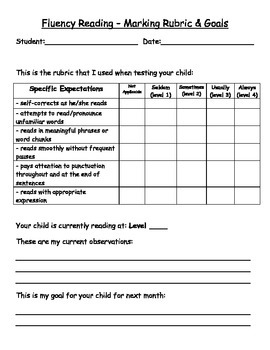Fluency Reading Goal Sheet to share with Students & Parents by Unique Minds