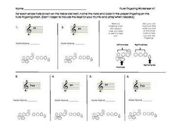 Preview of Flute Fingering Worksheet for Band Beginners