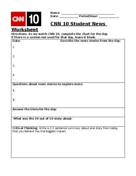Preview of CNN 10 Daily Daily News Worksheet Current Event Graphic Organizer