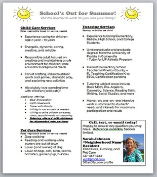 Preview of Summer Flyer - tutoring, child care, pet care - Make Extra Money $$$