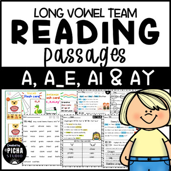 Preview of Focus on "A",A_E,AI,AY Long Vowel team reading passages worksheet with Flashcard