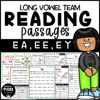 Preview of Focus on "E" EA,EE,EY Long Vowel team reading passages worksheet with Flashcard