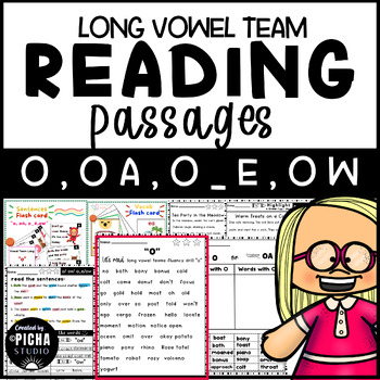 Preview of Focus on "O" O,OA,O_E,OW Long Vowel team reading passages worksheet with Flashca