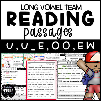 Preview of Focus on "U" U,U_E,OO,EW Long Vowel team reading passages worksheet with Flashca