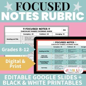 Preview of Note-Taking Rubric/Scoring Guide/Self-Assessment for Focused Notes