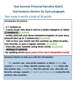 Preview of Focused Personal Narrative Rubric with Sentence Starters