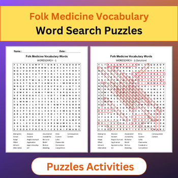 Preview of Folk Medicine Vocabulary | Science Vocabulary | Word Search Puzzles Activities