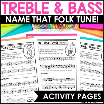 Preview of Folk Songs - Name That Tune Treble and Bass Clef Note Naming Music Worksheets