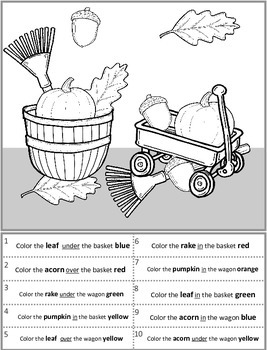 Following Directions: A coloring page with Position Words and Fall items