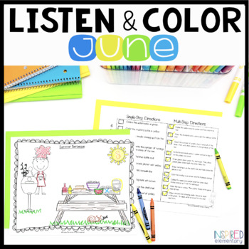 Preview of Following Directions Activity Listening Comprehension Listen & Color June