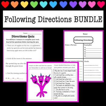 Preview of Following Directions  BUNDLE - Trick Quiz, Drawing Activity & Worksheet