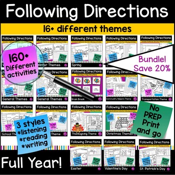 Preview of Following Directions Coloring Page Activities for Listening Comprehension Bundle