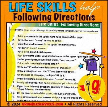 Preview of Following Directions Exercise • Life Skills • Test Prep for ALL subjects
