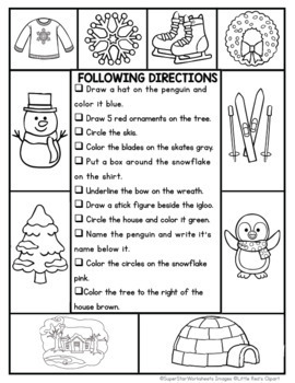 Following Directions: Listening Skills Worksheets for WINTER
