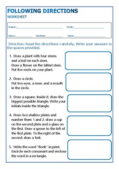 Preview of Following Directions (Reading Comprehension) Activity Worksheet