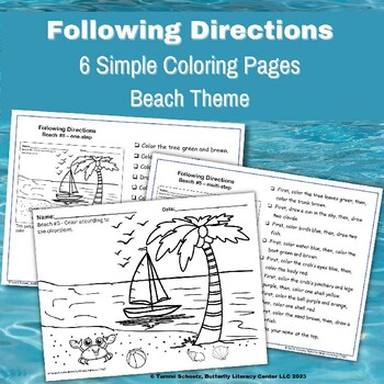 Preview of Following Directions Simple Coloring Pages Beach Theme