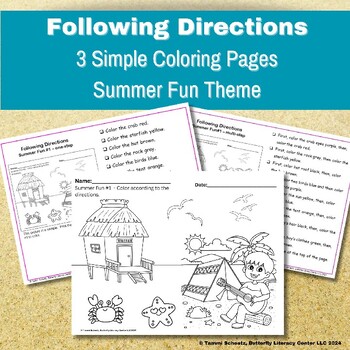 Preview of Following Directions Simple Coloring Pages Summer Fun Theme