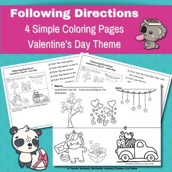 Preview of Following Directions Simple Coloring Pages Valentine's Day Theme - comprehension