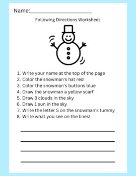 Preview of Following Directions Snowman Worksheet
