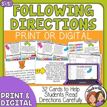 Preview of Following Directions Task Cards for 3rd, 4th, 5th