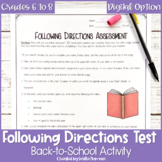 Following Directions Test for Middle School Back to School