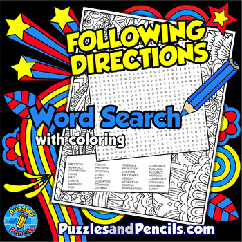 Preview of Following Directions Word Search Puzzle with Coloring Activity | Social Skills