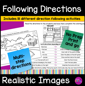Preview of Following 2 step or Multi Step Directions Listening Comprehension Coloring Pages